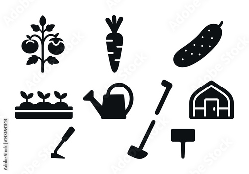 Home gardening flat icon set – urban farming, sustainable agriculture, and homestead tools: tomato plant, carrot, cucumber, seedlings, watering can, hoe, greenhouse, sign