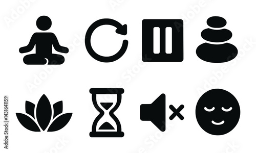 Mindfulness and relaxation solid icons set – filled style meditation, wellness, and tranquility symbols for stress relief: lotus, meditation, rocks, pause, hourglass, silence.