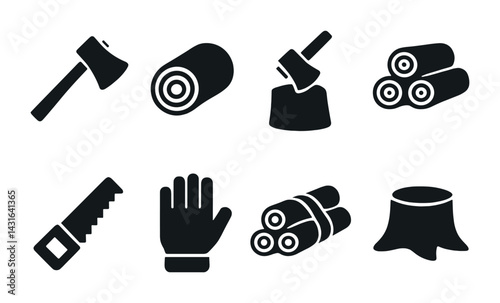 Lumberjack essential icons set – solid style forestry, woodcutting, and logging graphics for woodland enthusiasts: axe, log, saw, gloves, stump, woodpile, hand tool