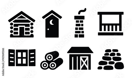 Rustic homestead icon set – solid style farmhouse, cabin, and countryside symbols for rural living: log cabin, barn, chimney, woodpile, window, porch, stone wall, outhouse.
