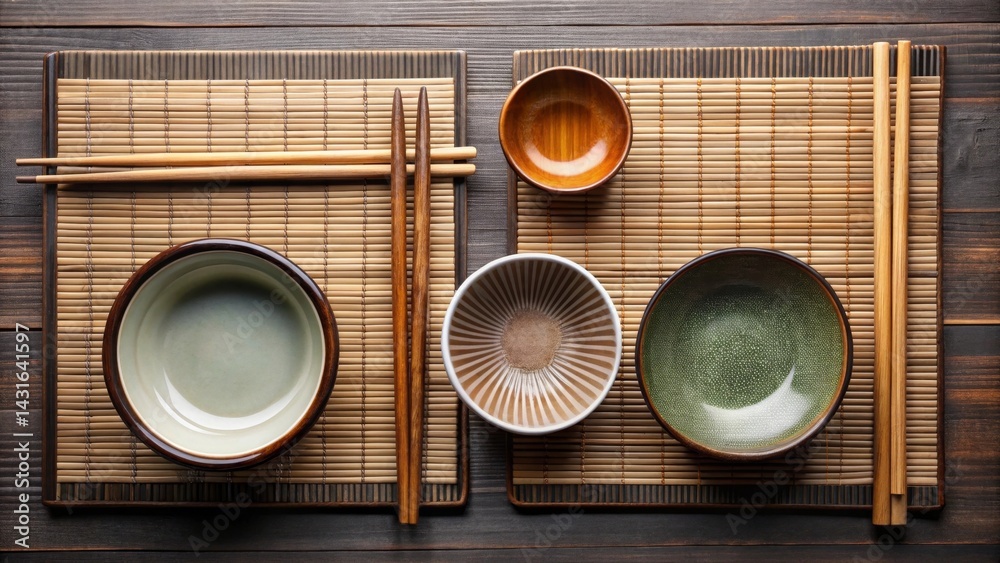 Elegant Asian-inspired Table Setting with Wooden Chopsticks and Ceramic Bowls on Bamboo Placemats Elegant Asian-inspired Table Setting with Wooden Chopsticks and Ceramic Bowls on Bamboo Placemats