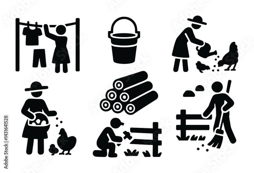 Homestead and farming silhouette icon set - solid style agriculture, rural living, and gardening symbols: chicken, gardening, bucket, fence, logs, sweeping, clothesline