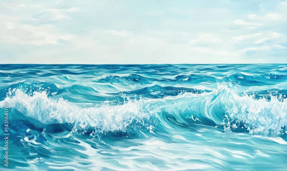 Obraz premium Ocean Waves under Sky: Capturing the serene beauty of the ocean, the image reveals gentle waves rolling toward the horizon under a serene sky, portraying the natural power and tranquil energy.