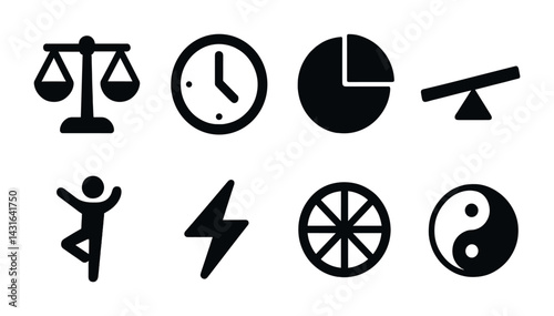 Balance and wellness solid icon set – filled style mindfulness, harmony, and energy symbols for lifestyle design: scale, clock, chart, seesaw, yoga pose, lightning, wheel, yin-yang.