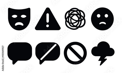 Mental health and emotional well-being icon set – solid style symbols for mindfulness, therapy, and self-care: sad mask, warning sign, anxiety scribble, sad face, banned chat, storm cloud