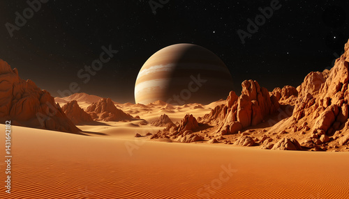 Desert planet landscape with rocky formations and starry sky, cosmic beauty