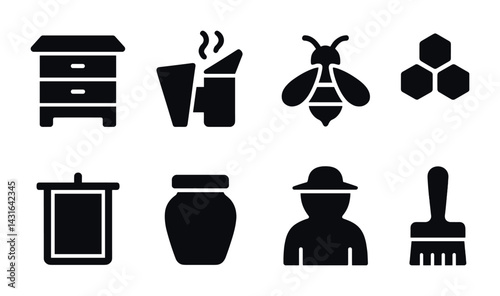 Beekeeping solid icons set – silhouette style honey, apiary, and agriculture symbols for farming: beehive, smoker, bee, honeycomb, hive frame, jar, beekeeper, brush.