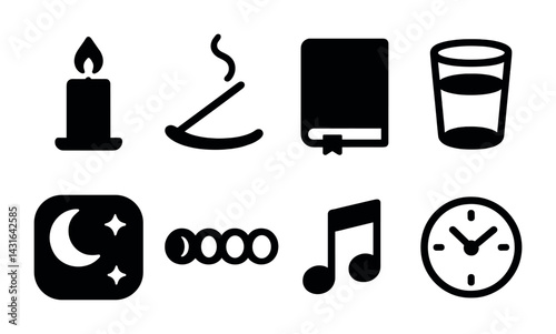Relaxation and mindfulness icons – solid style wellness, meditation, and peace symbols for self-care apps: candle, incense, book, water glass, moon, meditation beads, music note, clock.