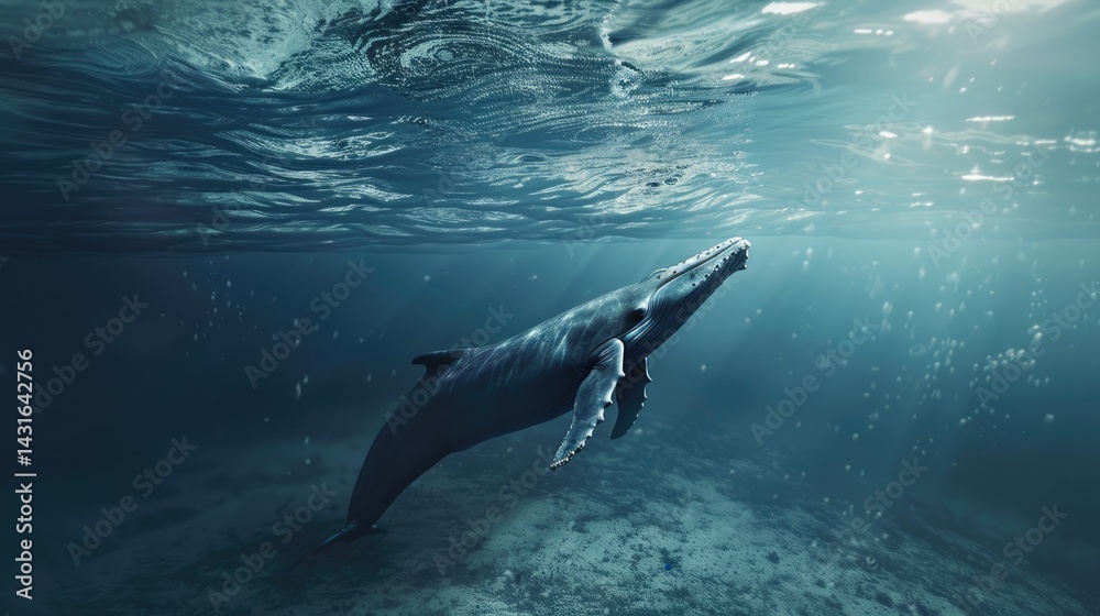 Naklejka premium The picture of the blue whale is swimming in the ocean with the bright light of the sun, blue whale is the largest mammal animal known to have ever existed, both in terms of length and weight. AIG51.