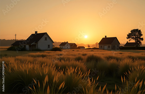 The village is bathed in golden twilight, with grass swaying gently in the soft light of the setting sun._00001_