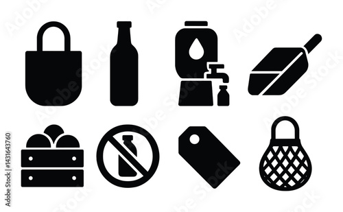 Zero waste solid icon set – filled style eco-friendly living, sustainability, and waste reduction symbols: reusable bag, bottle, water dispenser, compost bin, basket