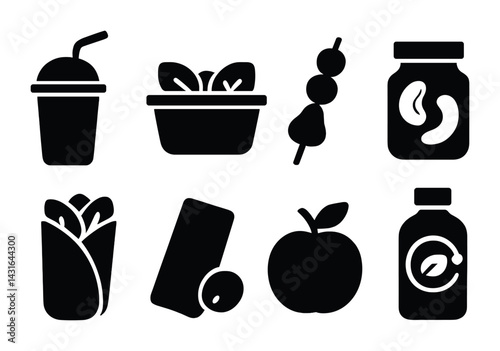 Healthy food silhouette icons set – solid style nutrition, vegan, and organic symbols for dietary planning: smoothie, salad, skewer, jar, wrap, snack bar, apple, juice.