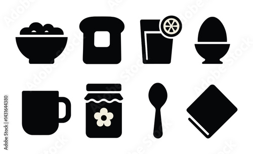 Breakfast silhouette icon set - solid style food and dining symbols for morning meal planning: cereal bowl, toast, juice, egg cup, coffee mug, jam jar, spoon, napkin.