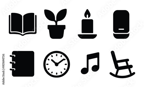 Cozy home life filled icon set – solid style domestic, leisure, and lifestyle symbols: book, plant, candle, soap, notebook, clock, music note, rocking chair.