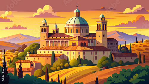 Very beautiful San Biagio cathedral at sunset, Montepulciano, Italy