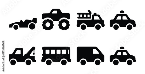 Automobile and transportation silhouette icons set – solid style for vehicle and transit design: race car, monster truck, fire engine, taxi, tow truck, bus, delivery van.