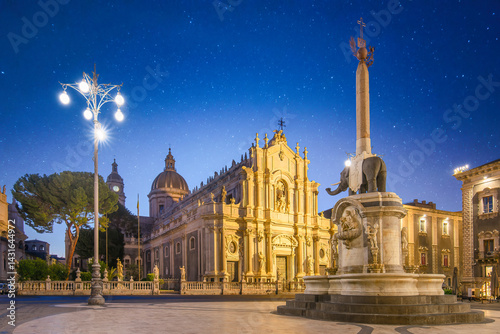 Piazza Duomo in Catania, Sicily, Italy with the Cathedral of Santa Agatha and Liotru and Fontana dell Elefante at night