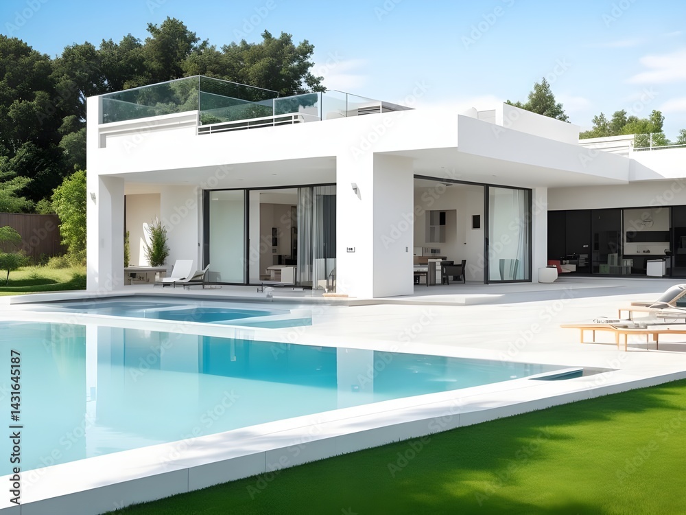 Fototapeta premium A luxurious modern villa basking in the Mediterranean sun, boasting a pristine infinity pool and sleek minimalist design, under a bright, cloudless sky.