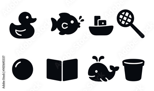 Baby bath time solid icons set – flat style child care, hygiene, and play symbols: rubber duck, fish toy, toy boat, net, ball, book, whale, bucket.