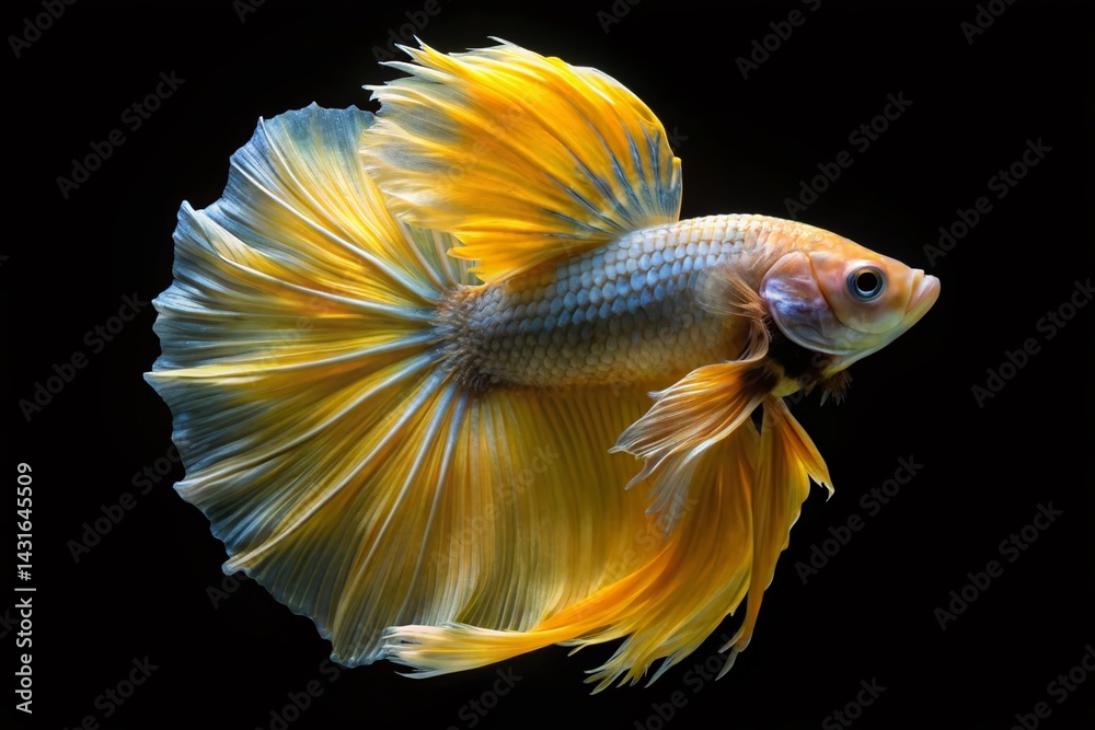 Fototapeta premium Graceful Yellow Betta Fish: Double Exposure Photography on Black Background
