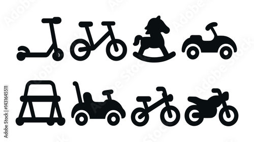Children's toy vehicles solid icons set – silhouette style kids playthings, transportation, and fun playtime collection: scooter, bicycle, rocking horse, toy car, swing set, tricycle, motorbike.