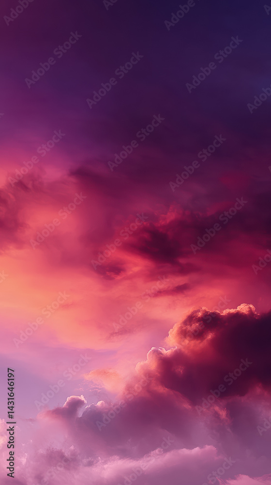 Obraz premium A stunning vertical view of vibrant pink and purple clouds painted across the evening sky creates a breathtaking and dramatic colorful scene at twilight hour.