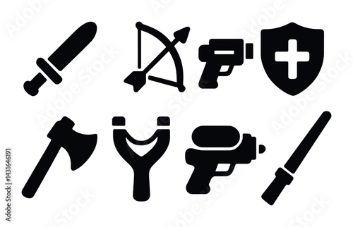 Weapon and defense icon set – solid style for combat, protection, and security symbols: sword, bow, gun, shield, axe, sling, taser, baton.