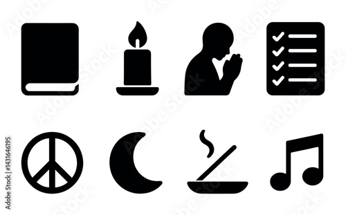 Spiritual and mindfulness silhouette icons set – solid style meditation, prayer, and peace symbols for wellness: book, candle, prayer, checklist, peace, moon, incense, music note.