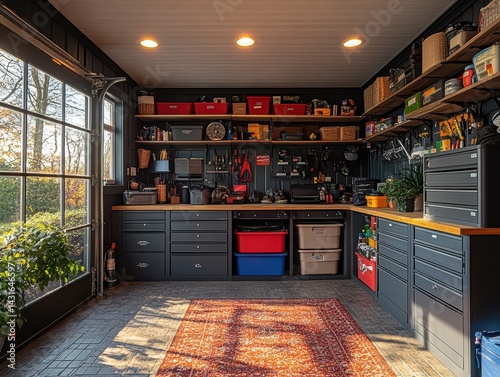 Cozy garage workspace with organized tools, vibrant plants, and natural light