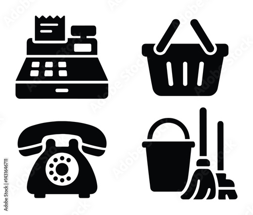 Vintage daily life icon set – solid style nostalgic symbols for retro home decor: cash register, shopping basket, telephone, mop and bucket, typewriter, radio
