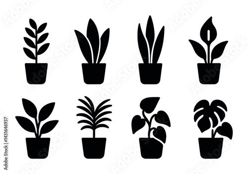 Botanical plant silhouette icons – flat style gardening, nature, and foliage symbols for eco designs: fern, succulent, monstera, snake plant, ficus, palm, lily, bamboo.