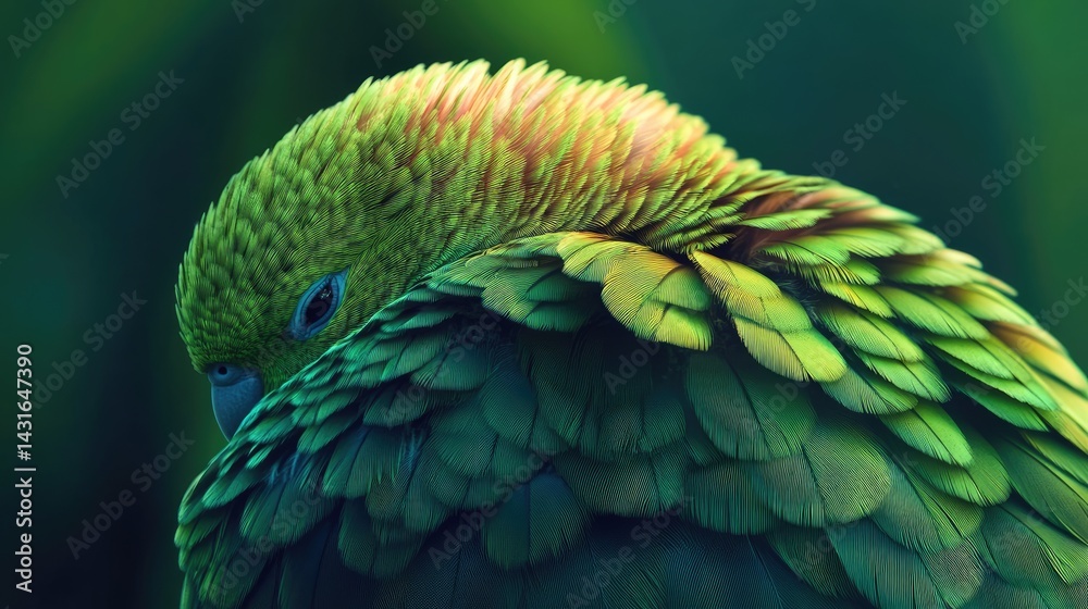 Fototapeta premium A chubby parrotlet with puffed feathers sitting calmly, bright lighting reveals intricate texture.