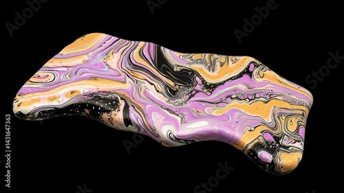 A vibrant abstract design featuring swirling colors of purple, black, and orange.