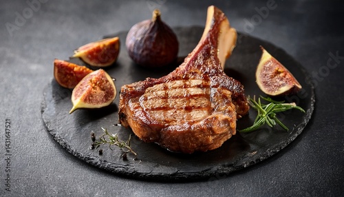 grilled pork chop tomahawk on slate board with figs and herbs