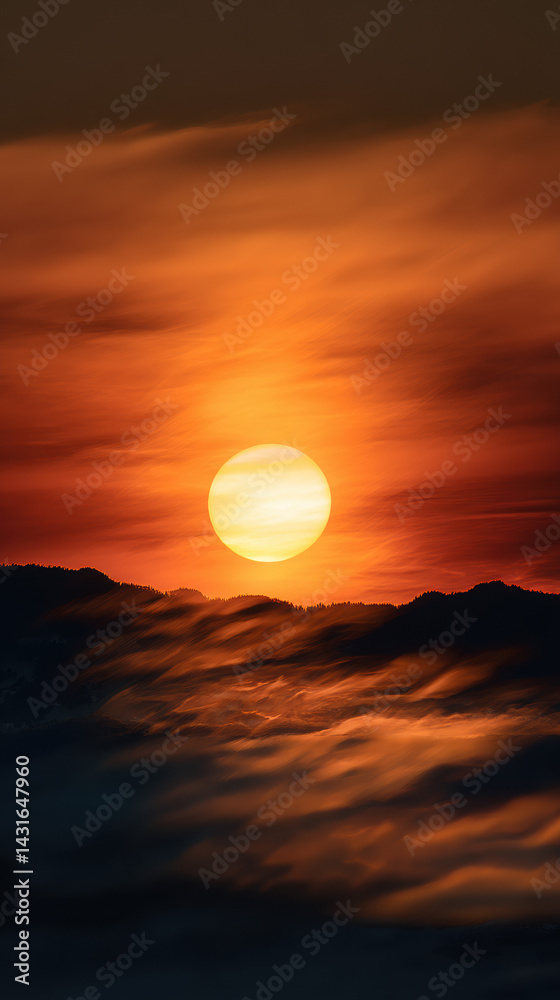 Fototapeta premium Golden sun rises over the misty mountains, casting an ethereal glow on the swirling fog, painting the sky with vibrant hues of orange and red at dawn's early light.