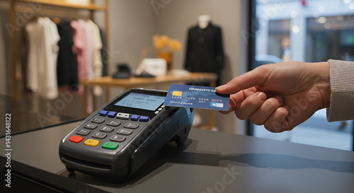Close-up of a credit card being tapped on a contactless payment terminal at a small boutique