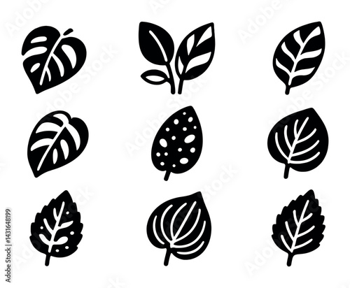 Nature leaf silhouette icons set – flat style eco, botanical, and organic symbols for environmental projects: monstera, olive, elm, birch, peepal, maple, ficus, poplar.