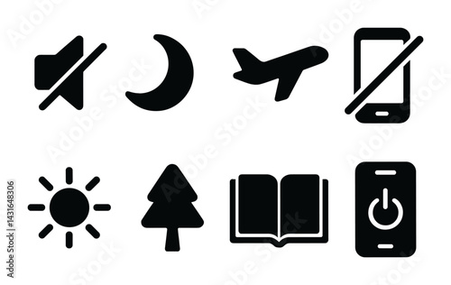 Essential device usage and management symbols – solid style for modern connectivity and control: mute, moon, airplane, phone, sun, tree, book, power.