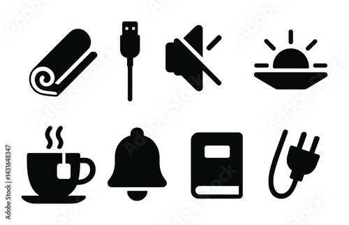 Minimalist daily essentials icons set - solid style home, office, and tech symbols for everyday use: yoga mat, usb cable, mute sound, sunrise, coffee cup, bell, book, power plug