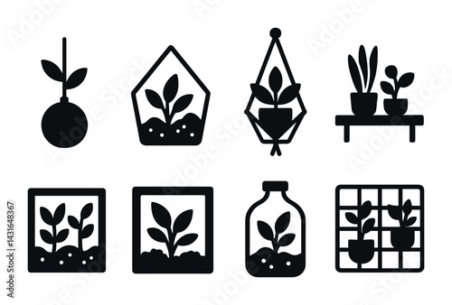 Gardening and plant care silhouette icons set – flat style eco, nature, and horticulture symbols for green thumb enthusiasts: terrarium, hanging plant, potted plants, seedling, garden shelf.