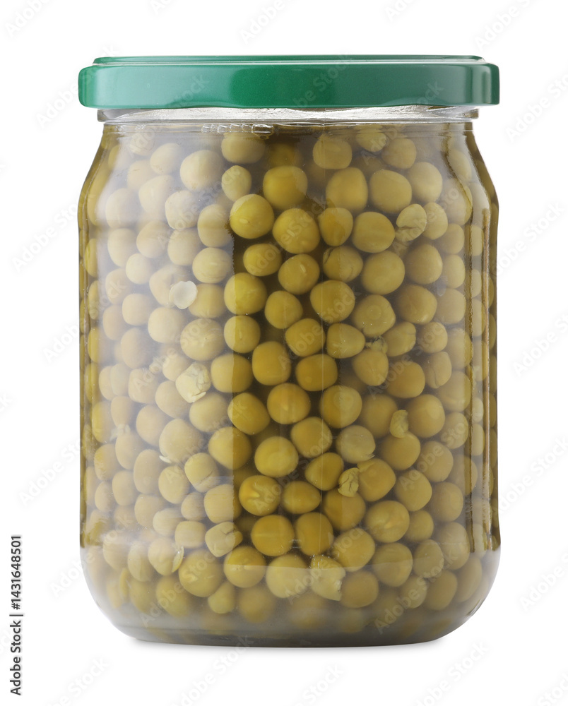 Tasty pickled peas in jar isolated on white Tasty pickled peas in jar isolated on white
