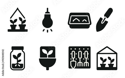 Gardening icon set – solid style plant cultivation, horticulture, and home gardening symbols for eco projects: greenhouse, lightbulb, seed tray, trowel, plant pot, tools