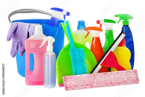 Sortiment Reinigungsmittel Hintergrund transparent PNG cut out   Various Cleaning Agents