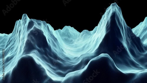 Abstract depiction of mountains with fluid shapes illuminated by cool tones.