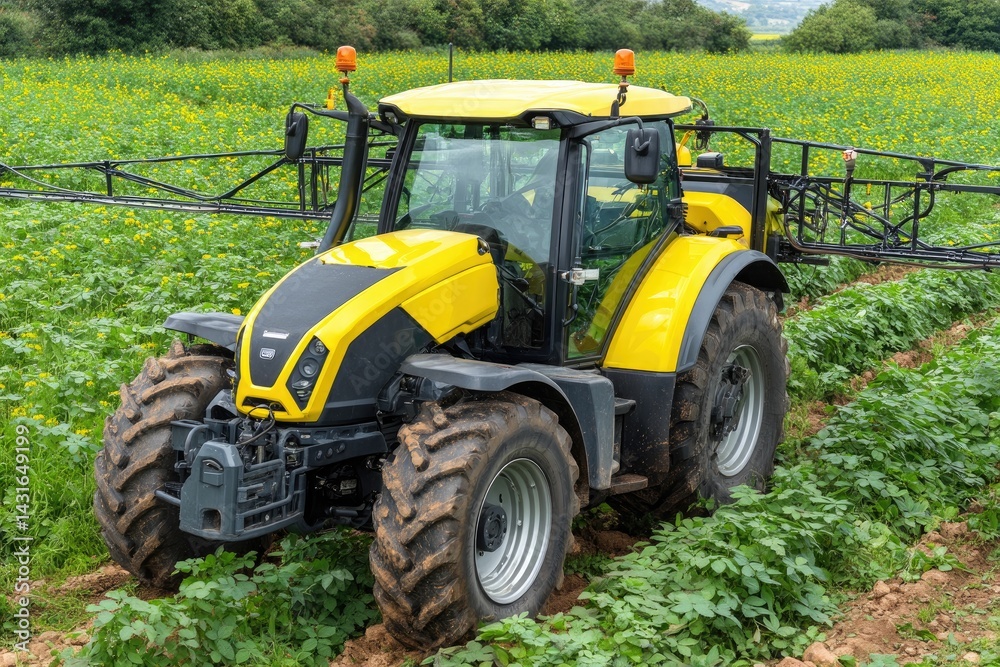 Yellow agricultural tractor in a field Yellow agricultural tractor in a field