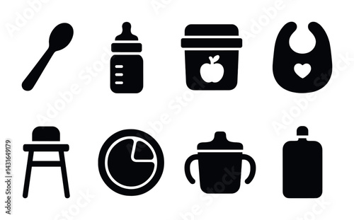 Baby feeding solid icons set – silhouette style essentials for infant care and nutrition: spoon, bottle, jar, bib, high chair, plate, sippy cup, food pouch