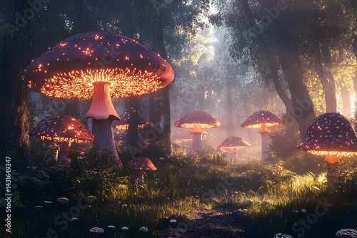 Enchanting luminous forest mushrooms illuminated by ethereal glow. photo