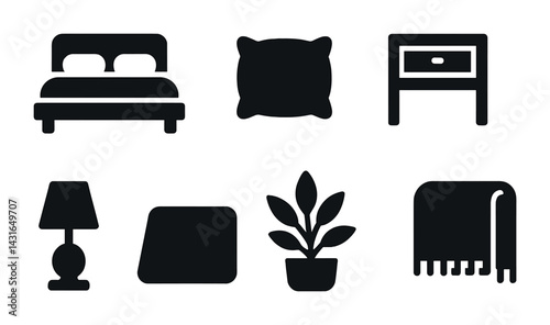 Home furniture and decor icons set – solid style interior design, home styling symbols for decoration: bed, pillow, nightstand, lamp, rug, plant, table.