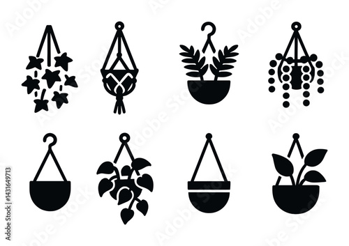 Home gardening silhouette icon set – filled style houseplants, decor, and nature symbols for interior design: hanging plants, macrame, foliage, potted plant, vines, leaves, greenery.