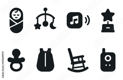 Newborn baby care filled icon set - solid style parenting, nursery, and infant essentials for childcare solutions: swaddle blanket, mobile, music player, star projector, pacifier, sleep sack, rocking